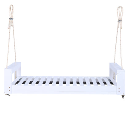 Twin Size Porch Swing Bed Seating Group, Patio Acacia Wood Swing Frame with Hemp Ropes for Garden, Backyard, White