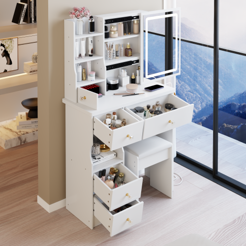 29.2" Small Size Drawer Desktop Vanity Table + Cushioned Stool, 2 AC+2 USB Power Station, Hair dryer bracket, Extra Large Touch Control Sliding LED Mirror, 3-color Switching, EPA, GCC, UL Certificate