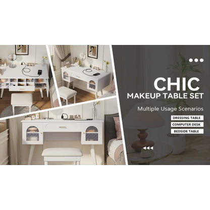 White Multi Purpose Vanity Table & Stool Set, Built in 2 Outlet & 2 USB Charging Port, Carved Glass Cabinet