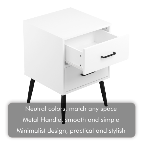 2-Drawer Nightstand with Metal Legs and Metal Handles, Modern White Bedside Table, Small End Table for Bedroom, Living Room or Apartment