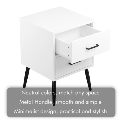 2-Drawer Nightstand with Metal Legs and Metal Handles, Modern White Bedside Table, Small End Table for Bedroom, Living Room or Apartment