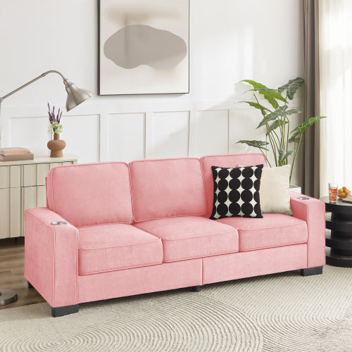 Pink 83.86-Inch Modern Compressed 3-Seater Snow-Fleece Sofa with Dual-Side Cup Holders