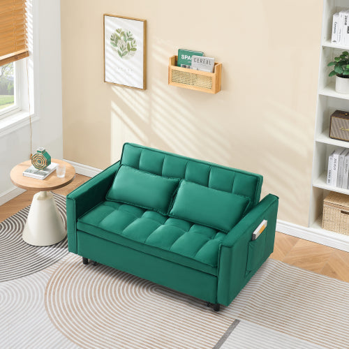 55-Inch Green Velvet 3-in-1 Convertible Sleeper Loveseat Sofa-Bed with Side Pockets for Living-Room Guest-Room