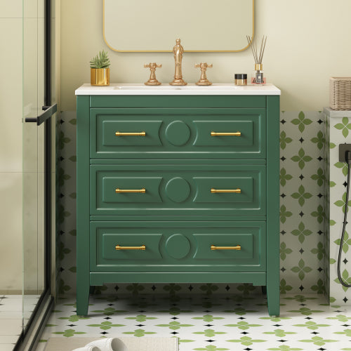 30'' Bathroom Vanity with Ceramic Sink Combo, Free Standing Single Vanity Set with 3 Drawers, Solid Wood Frame Bathroom Storage Cabinet, Green