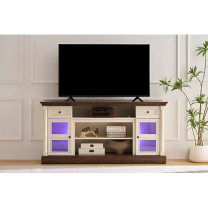 70 Inch Farmhouse Roman Column TV Stand with LED Lights for 80 Inch Large TV