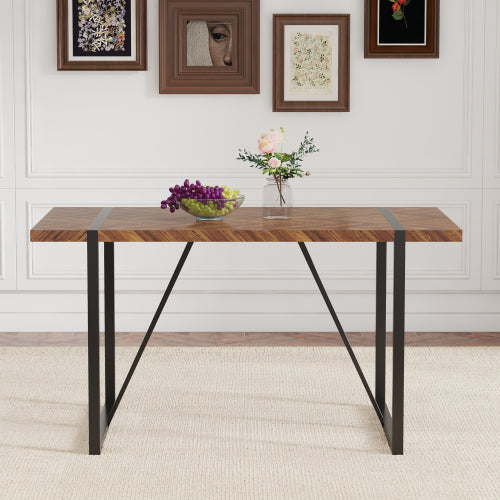 Retro Dining Table with Fishbone Textured Top & Black Metal Legs