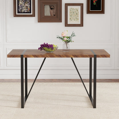 Retro Dining Table with Fishbone Textured Top & Black Metal Legs