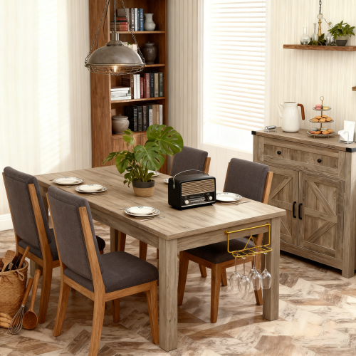 Light Gray-Washed Wood Farmhouse Barn-Door Storage Cabinet, Coffee Bar Buffet Sideboard with Drawer for Kitchen & Living Room