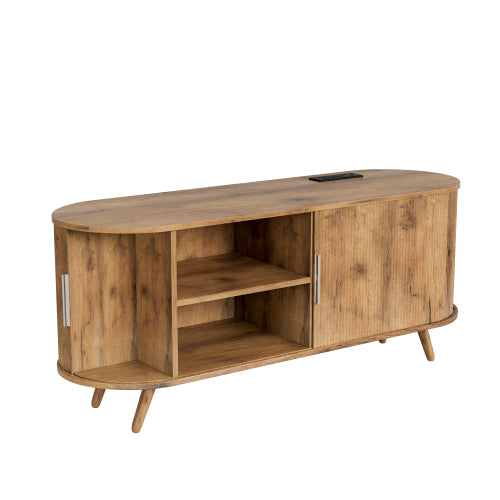 Natural Oak 50 Inch Fluted TV Stand with Power Outlets, Sliding Door Media Console for TVs Up to 55 Inch TV