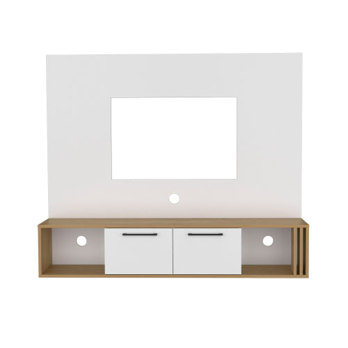 White and Macadamia Entertainment Center with Cabinets and Shelves