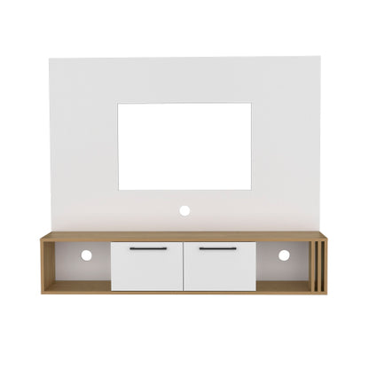White and Macadamia Entertainment Center with Cabinets and Shelves