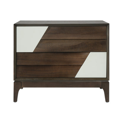 Brown & Cream White Japandi Nightstand, 2-Drawer Angled Patchwork Bedside Table with Tapered Legs