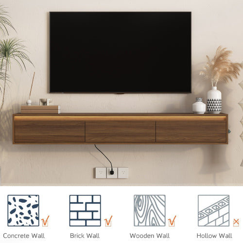 Wall Mount Floating High Gloss TV Cabinet with Touch LED Light Strip & Cable Holes for Living Room