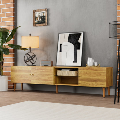 69 Inch Mid-Century Oak TV Stand 3-Door MDF Media Console Solid Pine Legs Holds TVs Up To 70 Inch