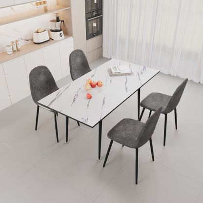 5-Piece White Extendable MDF Dining Set, Expandable Table & 4 Grey Suede Chairs with Metal Base