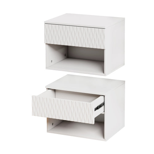 set of 2 nightstand with Modern Wall-Mounted Drawer Cabinet: Open Shelf, 3-Stage Rails, Carved Design, Anti-Wobble, DIY, for Bedroom/Living Room/Office