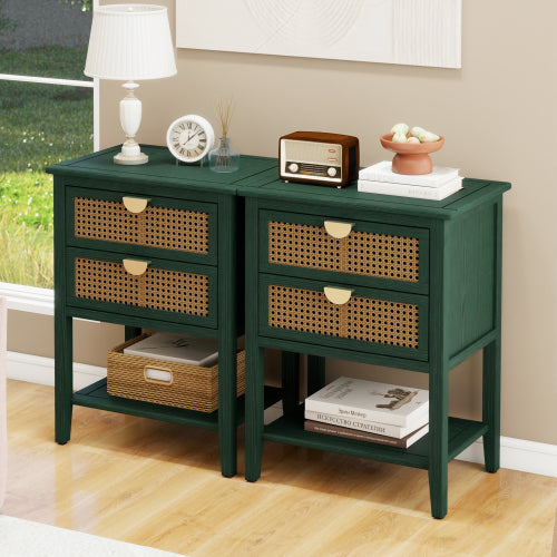 Natural Rattan 2-Drawer Stable End Side Table with Metal Handles