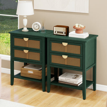 Natural Rattan 2-Drawer Stable End Side Table with Metal Handles