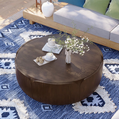 35.63" Round Outdoor Indoor Coffee Table, Modern Wood Grain Drum Center Table, Sturdy MGO (Magnesium Oxide) Waterproof, No-Assembly Table for Patio, Garden, Backyard, Living Room (Brown)