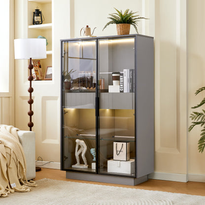 60.6'' Freestanding Grey Glass Door Display Cabinet LED Light Adjustable Shelves Home Storage Cabinet