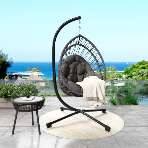 Outdoor Egg-shaped Hanging Chair with Stand, Patio Egg-shaped Swing Chair, Indoor Rocking Chair, Outdoor Hammock Egg-shaped Chair, Dark Gray