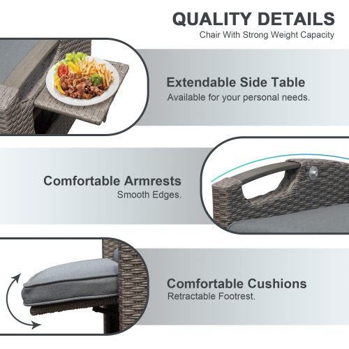 Outdoor Recliner Chair, Patio Recliner with Hand-Woven Wicker, Flip Table Push Back, Adjustable Angle, Thickness Cushions, Reclining Lounge Chair for Indoor and Outdoor, Gray