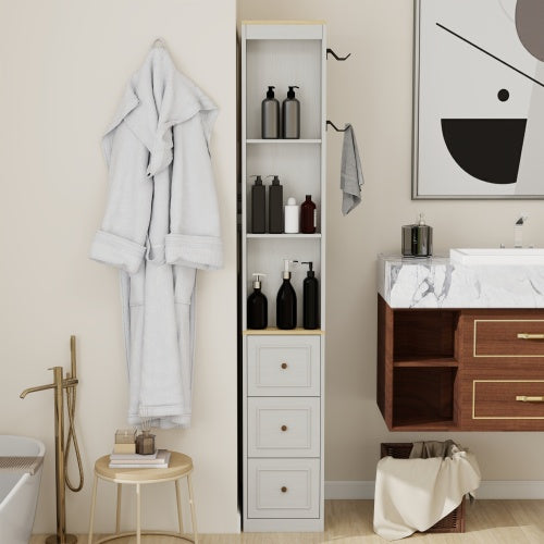73 Inch Tall Slim Antique White Storage Cabinet 3 Drawers & Side Hooks Home Display Bookcase