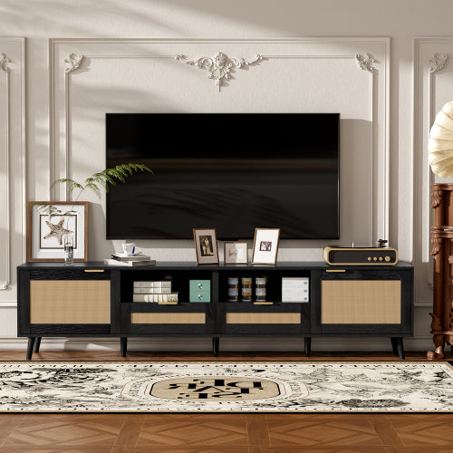 78.74 Inch Farmhouse Rattan TV Stand Solid Wood Leg Media Console Supports 85 Inch TV
