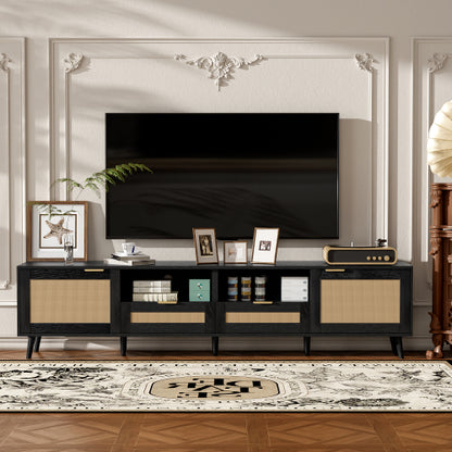 78.74 Inch Farmhouse Rattan TV Stand Solid Wood Leg Media Console Supports 85 Inch TV