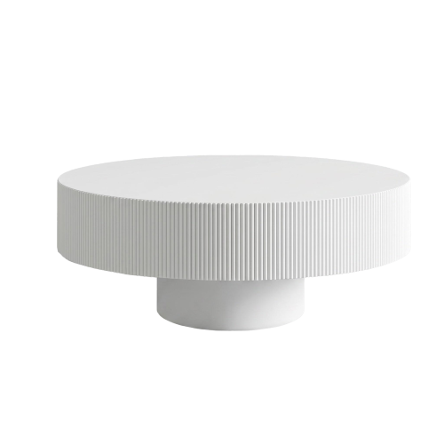 White Round Fluted Pedestal Coffee Table, Mid-Century Modern