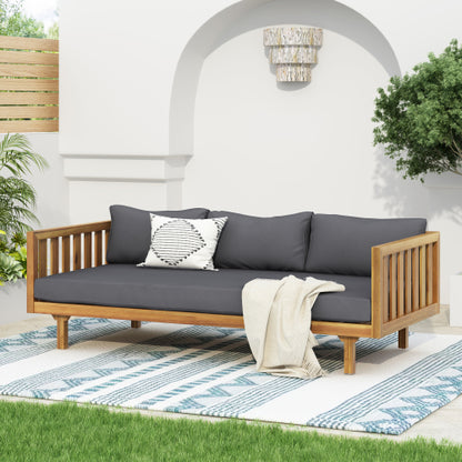 Acacia Wood Patio Furniture Set,Outdoor 3 Seater Daybed(with Water Resistant Thick Cushions)and Round Coffee Table, Dark Grey Cushion