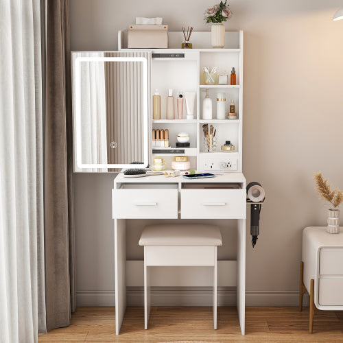 White Small Makeup Vanity Desk with Mirror & LED Lights, Power Outlet, Hidden Storage, Padded Stool & Shelf