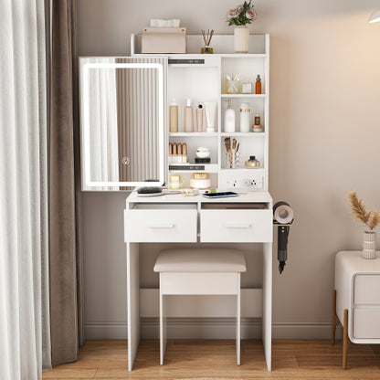 White Small Makeup Vanity Desk with Mirror & LED Lights, Power Outlet, Hidden Storage, Padded Stool & Shelf