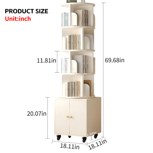 White 5-Tier Rotating Bookshelf with Double Door Drawer, Slim Wooden Corner Storage Cabinet for Home