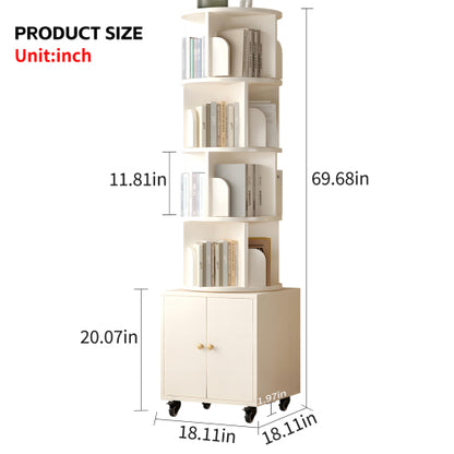 White 5-Tier Rotating Bookshelf with Double Door Drawer, Slim Wooden Corner Storage Cabinet for Home