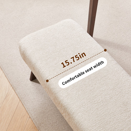 Cream Chenille Upholstered Ottoman Bench, Solid Wood V-Shaped Leg Entryway Shoe Bench for Bedroom & Foyer