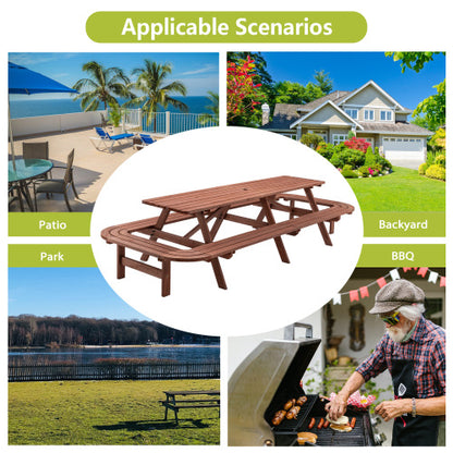 Brown Picnic Table with Benches for 14-16 Persons, Nearly 8-Foot Long Outdoor Wooden Rectangle Table for Patio, Garden, Backyard, Large Outside Dining Set with Umbrella Hole
