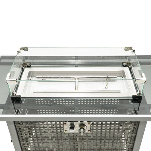 43 Propane Gas Fire Pit Table, 60000 BTU Rectangular Open Weave Wicker Fire Pit with Glass Wind Guard for Outside Patio Deck Garden Backyard