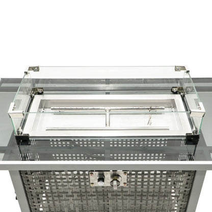 43 Propane Gas Fire Pit Table, 60000 BTU Rectangular Open Weave Wicker Fire Pit with Glass Wind Guard for Outside Patio Deck Garden Backyard