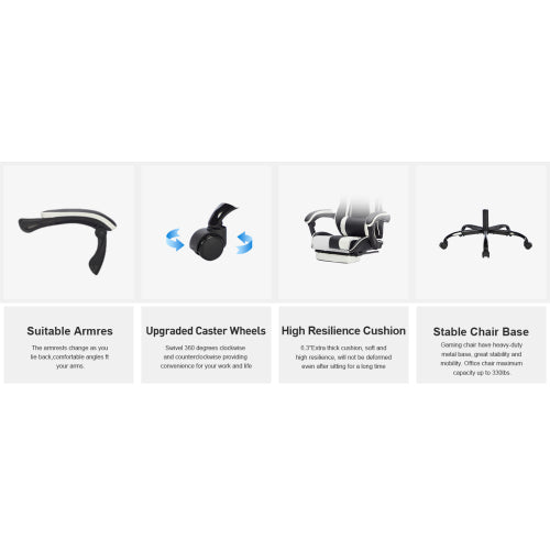Gaming Chair with Footrest, Ergonomic Computer Chair with Headrest and Lumbar Support, Breathable Material Height Adjustable Video Game Chairs for Adults, Black White