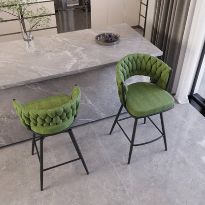 26inch Bar Chair Linen Woven Bar Stool Set of 2,Black legs Barstools No Adjustable Kitchen Island Chairs,360 Swivel Bar Stools Upholstered Bar Chair Counter Stool Arm Chairs with Back Footrest (Green)