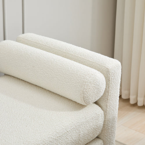 66.34inch W Elegant Upholstered Bench,Daybed, Ottoman with Nature Wood Legs & 2 Bolster Pillows for End of Bed, Bedroom, Living Room, Entryway,Ivory Boucle