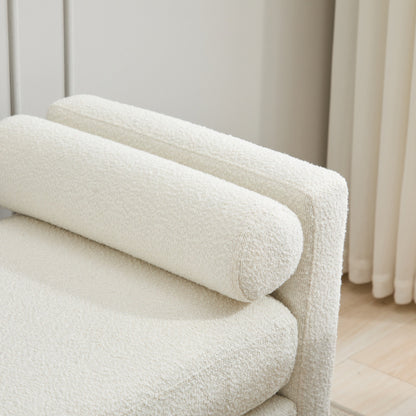 66.34inch W Elegant Upholstered Bench,Daybed, Ottoman with Nature Wood Legs & 2 Bolster Pillows for End of Bed, Bedroom, Living Room, Entryway,Ivory Boucle