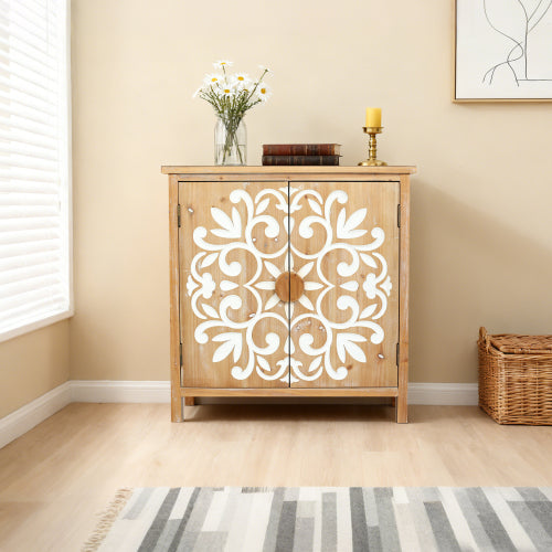 Rustic Wooden Accent Cabinet with Floral Carved Doors, 2 - Door Storage Cabinet for Living Room, Entryway, Dining Room