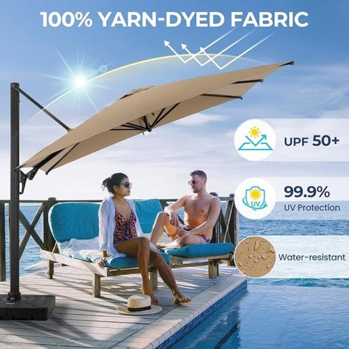 10 Ft Khaki Square Large Cantilever Patio Umbrella with 360° Rotation & Tit Adjustment and Heavy Duty Offset Polyester Canopy Deck Umbrella without base.