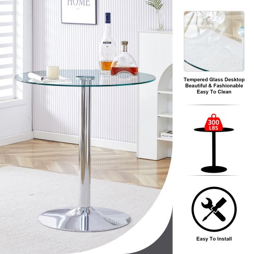 A glass tabletop with a diameter of 35 inches and a modern minimalist circular dining table with electroplated silver metal legs. Suitable for restaurants, living rooms, and conference rooms.