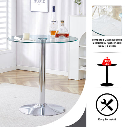 A glass tabletop with a diameter of 35 inches and a modern minimalist circular dining table with electroplated silver metal legs. Suitable for restaurants, living rooms, and conference rooms.