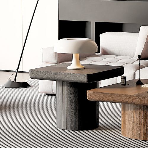 23.6inch  Modern Square End Table, Solid Wood Veneer Parquet Top with Grooved Cylindrical Base, Matte Black