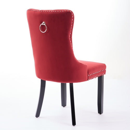 Set of 2 Burgundy Velvet Dining Chairs, Solid Wood Tufted Chairs with Triple Elastic Cushion