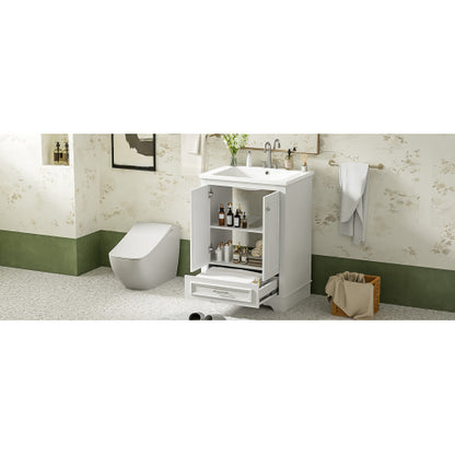 24'' Bathroom Vanity with Ceramic Sink Combo, Modern Freestanding Storage Cabinet with Silver Handles, Soft Closing Doors